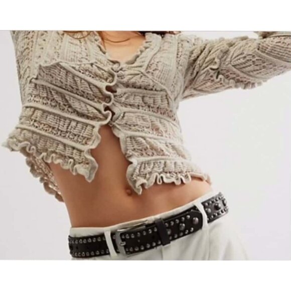 Free People Wild Roses Cardi Ruffle Lace Knit Cardigan Light Soft Grey XS New - Picture 2 of 13
